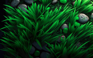 Obraz na płótnie Canvas Fresh green grass growing through stones, generative Al.
