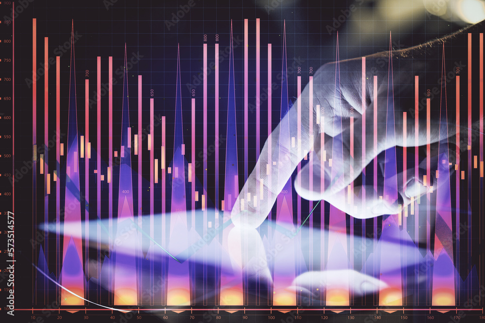 Poster double exposure of man's hands holding and using a digital device and forex graph drawing. financial