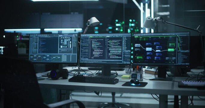 Empty Software Developer Office Workplace with a Desk with Multiple Computer Screen with Programming Code, Big Data Models, Back-End of Artificial Intelligence and Neural Network Technology Systems