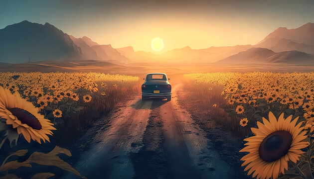 The car is driving along the road along the field of sunflowers.