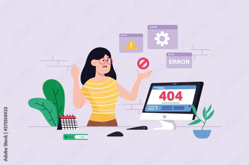 Poster 404 not found violet background concept with people scene in the flat cartoon design. programmer was