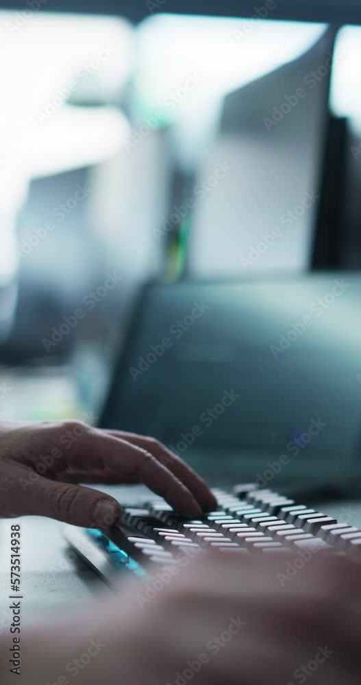 Poster Vertical Screen: Close Up of a Software Developer Working on a Desktop Computer, Programming Code Running on Display. Specialist Typing on Keyboard, Coding and Implementing a Technical Feature