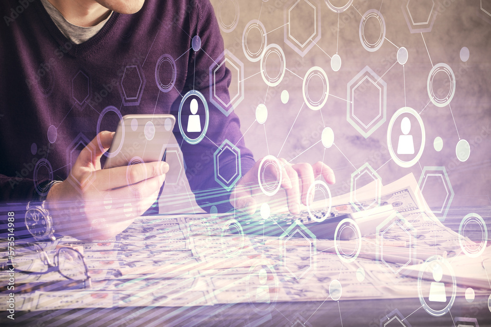 Poster double exposure of man's hands holding and using a phone and social network theme drawing.