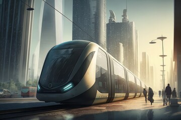 High Speed Train in Future. Tram, Metro, Subway in Urban Futuristic City. Environmentally Friendly Concept. Generative AI - obrazy, fototapety, plakaty