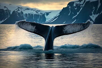 Seascape with Whale tail. A huge tail of a whale against the background of big wave. Generative AI - obrazy, fototapety, plakaty