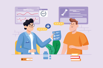 Medical violet background concept with people scene in the flat cartoon style. Doctor prescribes to the patient a list of medicines that the patient needs. Vector illustration.