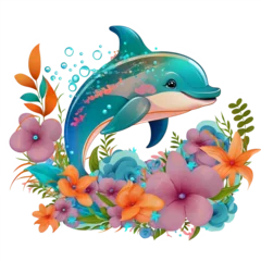Schilderijen op glas colorful floral dolphin © Clipart