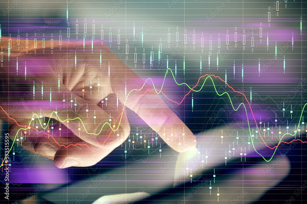 Poster multi exposure of man's hands holding and using a phone and financial chart drawing. market analysis