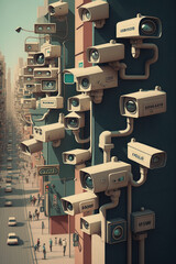 many surveillance security cameras in street. generative ai - obrazy, fototapety, plakaty