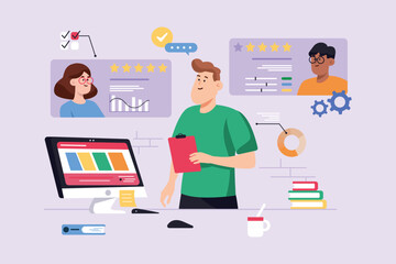 Recruiting violet background concept with people scene in the flat cartoon design. Recruiter reviews the application forms of candidates for a new position. Vector illustration.