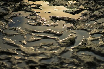 Holes and puddles on the dirty sandy road. Dirt with sunlight reflects in water