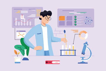 Science Laboratory violet background concept with people scene in the flat cartoon design. Young scientist conducts various experiments in the laboratory. Vector illustration.