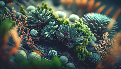 Close up, forest plants, succulents, generative Al.