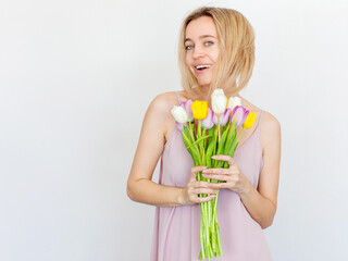 Woman 35 years old with a bouquet of flowers