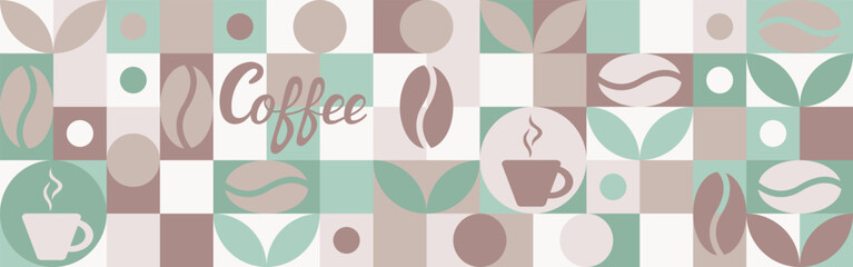 Coffee background for textiles and wallpapers with geometric shapes. Trendy template for a screensaver in brown colors with a texture of squares and hearts.