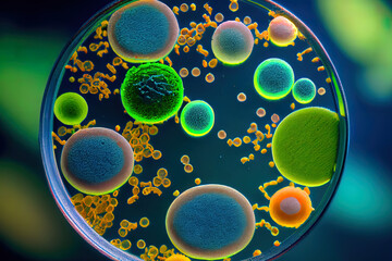 Naklejka premium Macro close up shot of bacteria and virus cells. Generative Ai
