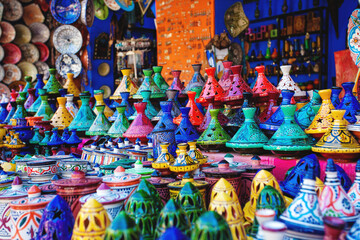 Colored Tajine, plates and pots out of clay on the market in Morocco