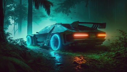 Futuristic cyberpunk sports car driving through mist forest conceptual photo generatie ai,