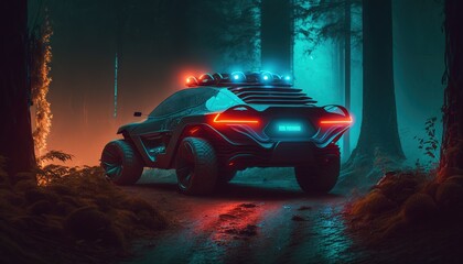 Futuristic cyberpunk sports car driving through mist forest conceptual photo generatie ai,