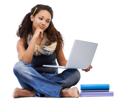 A Hispanic young college student looking at a laptop and reading e-books for university education and making internet research and online notes on a tech device isolated on a png background.