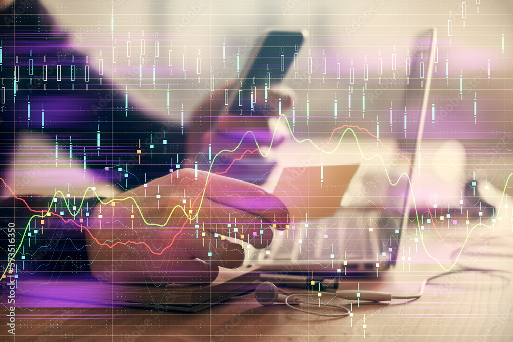 Poster double exposure of man's hands holding and using a phone and financial graph drawing. analysis conce