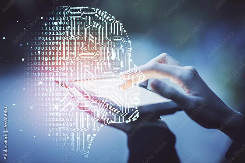 Poster double exposure of brain sketch hologram and woman holding and using a mobile device.