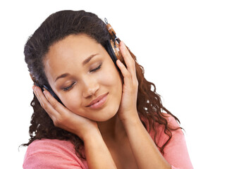 Fototapeta premium A young Jamaican girl enjoying Zen or a calming music on her headphones feels the serenity and for betterment of her mental health isolated on a png background.