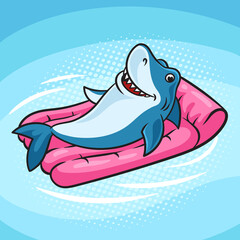 Shark swims on air mattress pop art retro raster illustration. Comic book style imitation.