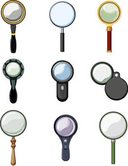 magnifying glass set cartoon vector illustration