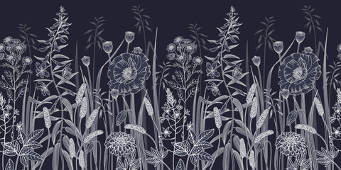 Seamless Border. Black and white cute wild flowers.