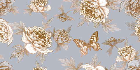 Peonies and butterflies seamless pattern. Vector illustration.