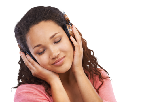 A young Jamaican girl enjoying Zen or a calming music on her headphones feels the serenity and for betterment of her mental health isolated on a png background.