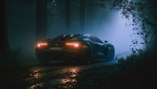 Futuristic cyberpunk sports car driving through mist forest conceptual photo generatie ai,