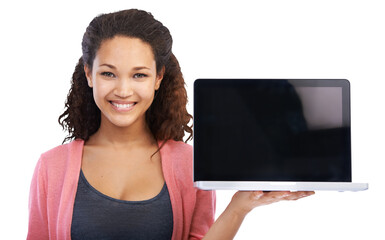 A beautiful young smiling Jamaican woman holding and showing blank screen laptop computer for an...