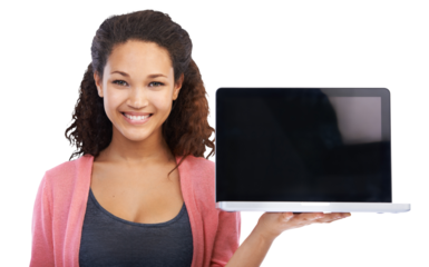A beautiful young smiling Jamaican woman holding and showing blank screen laptop computer for an advertisement or an marketing isolated isolated on a png background.