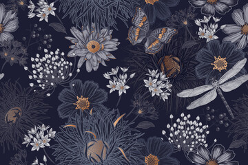 Summer seamless pattern. Cute wildflowers, butterflies and dragonflies. - 573516570