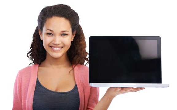 A beautiful young smiling Jamaican woman holding and showing blank screen laptop computer for an advertisement or an marketing isolated isolated on a png background.