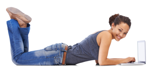 A university or a college girl looking positive cheerful woman lying floor working on computer to communicate with friends colleagues wearing trendy casuals isolated on a PNG background.