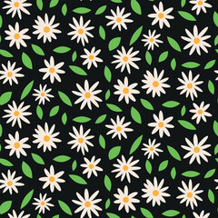Cute white daisy flower seamless pattern with green leaves on black background. For home decor, wrapping paper, textile and fabric 
