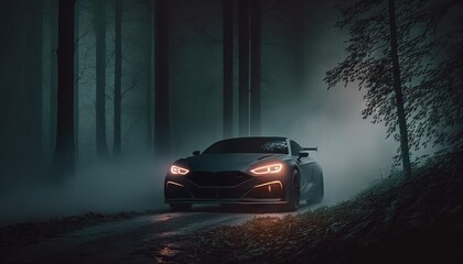 Futuristic cyberpunk sports car driving through mist forest conceptual photo generatie ai,