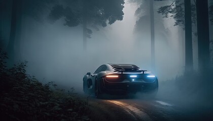 Fototapeta na wymiar Futuristic cyberpunk sports car driving through mist forest conceptual photo generatie ai,