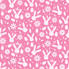 Abstract white easter bunny faces with eggs and flowers seamless pattern on pink background. For Easter fabric, textile and home decor  