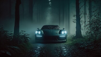 Futuristic cyberpunk sports car driving through mist forest conceptual photo generatie ai,