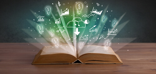 Open book with profit icons above