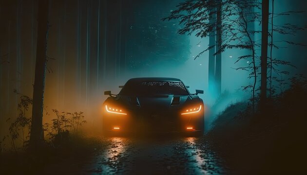Futuristic cyberpunk sports car driving through mist forest conceptual photo generatie ai,