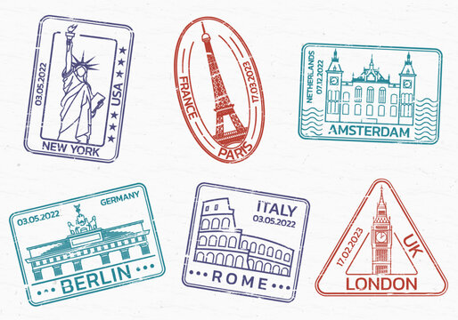 Travel, passport stamps or seals with city landmarks. Vintage badges with grunge texture. Vector illustration.