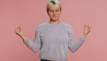 Keep calm down, relax, inner balance. Woman with short hair breathes deeply with mudra gesture,...
