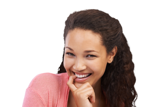 An excited millennial hispanic girl biting her finger with cheerful facial expressions and optimistic mindset isolated on a png background.