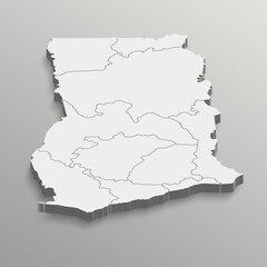 Fully editable 3d isometric white Ghana 
 map with States or province in white isolated background.