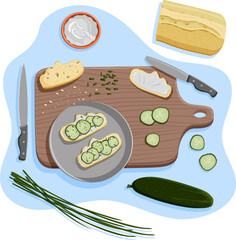 Healthy vegan sandwich with cucumber on the plate. Ingredients for vegetarian snack, breakfast, lunch with kitchenware. Flat lay. Isolated vector flat concept